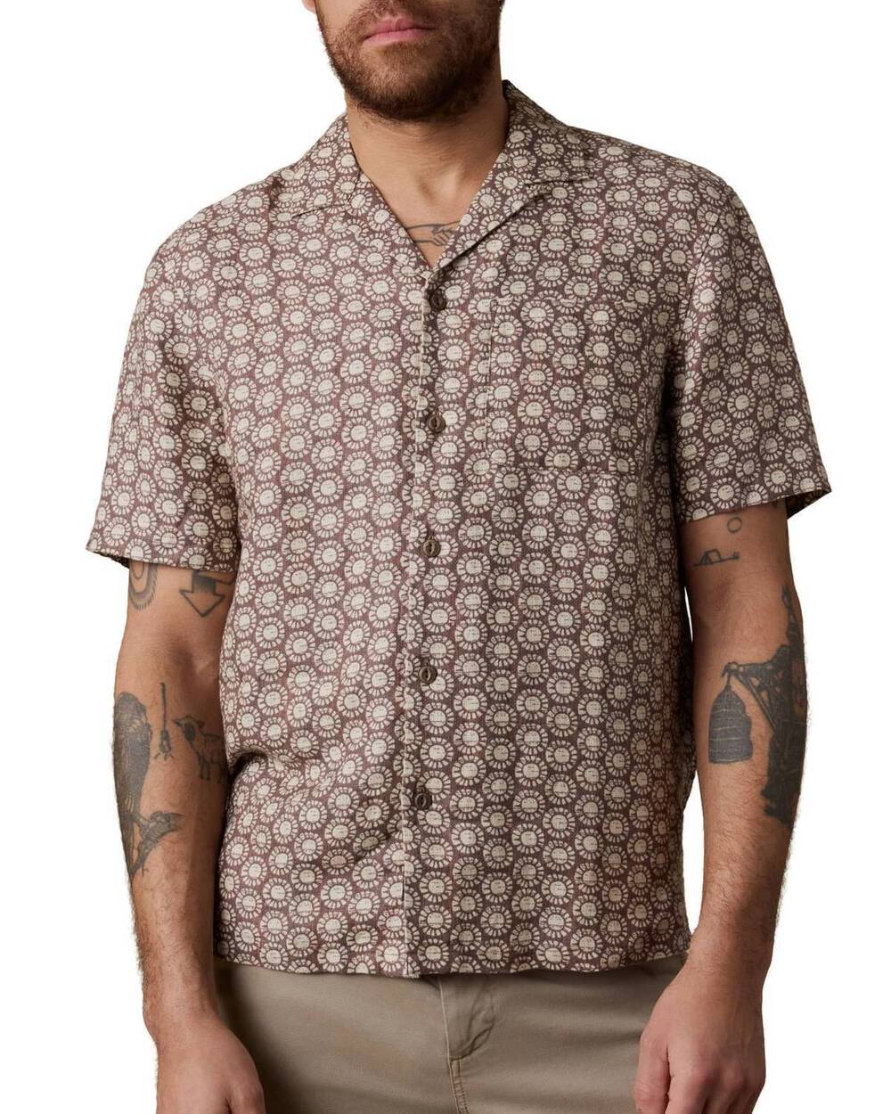 NEW FAHERTY short sleeve palma linen camp shirt in shore sun woodblock
